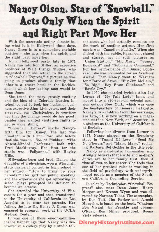 Nancy Olson Snowball Express bio